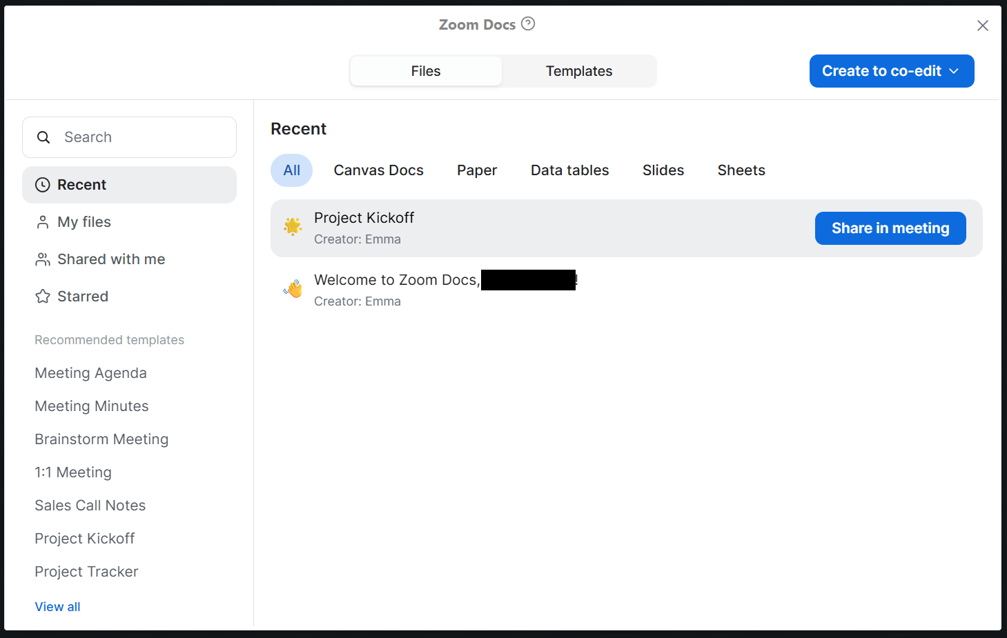 A screenshot of the Zoom meeting Docs menu.