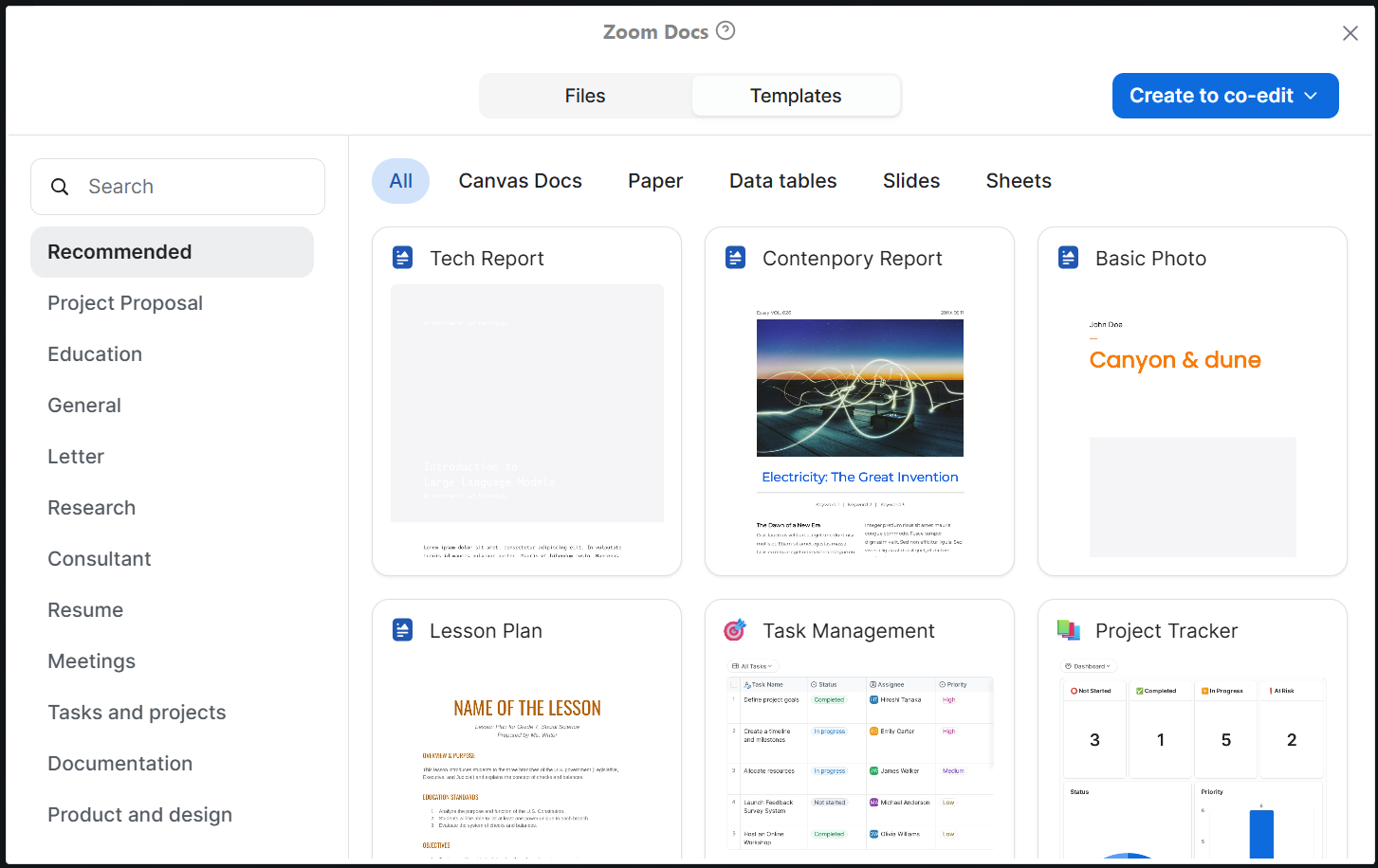 A screenshot of the Zoom meeting Docs menu.