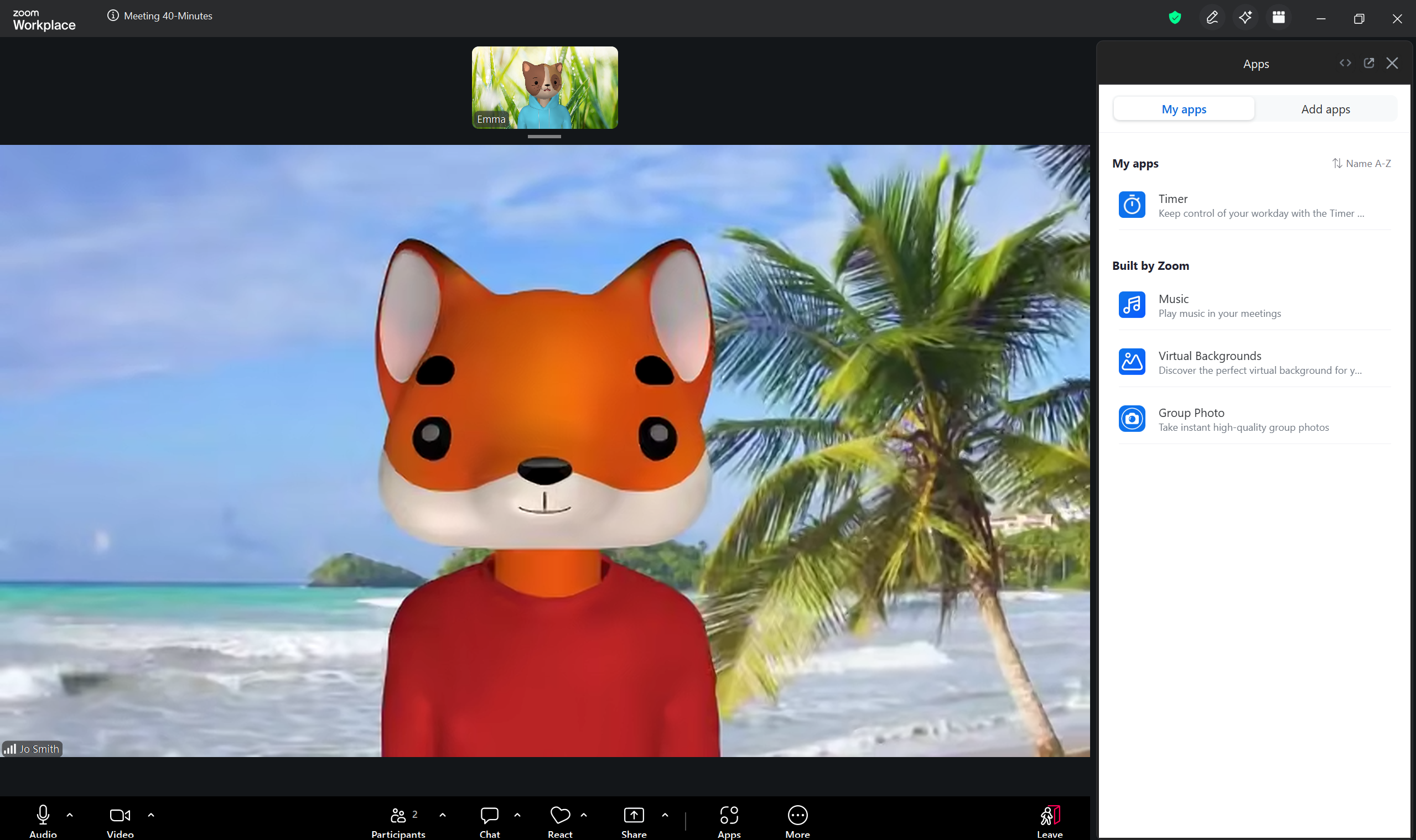 A screenshot of a Zoom meeting with an open Apps menu. 