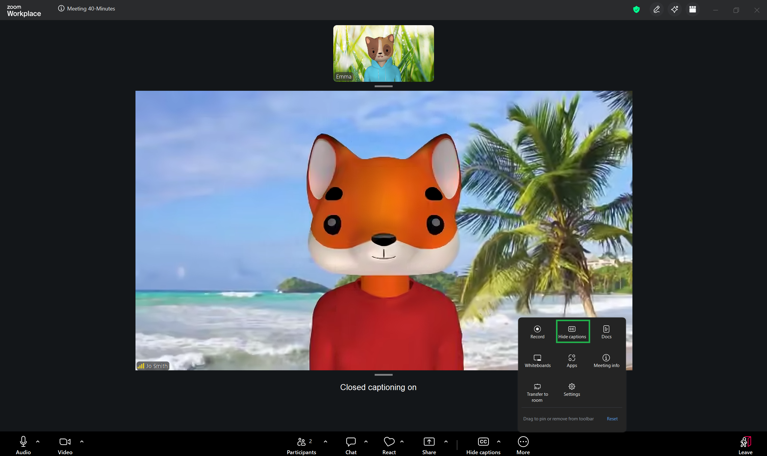 A screenshot of the Zoom meeting window with the More menu open. 