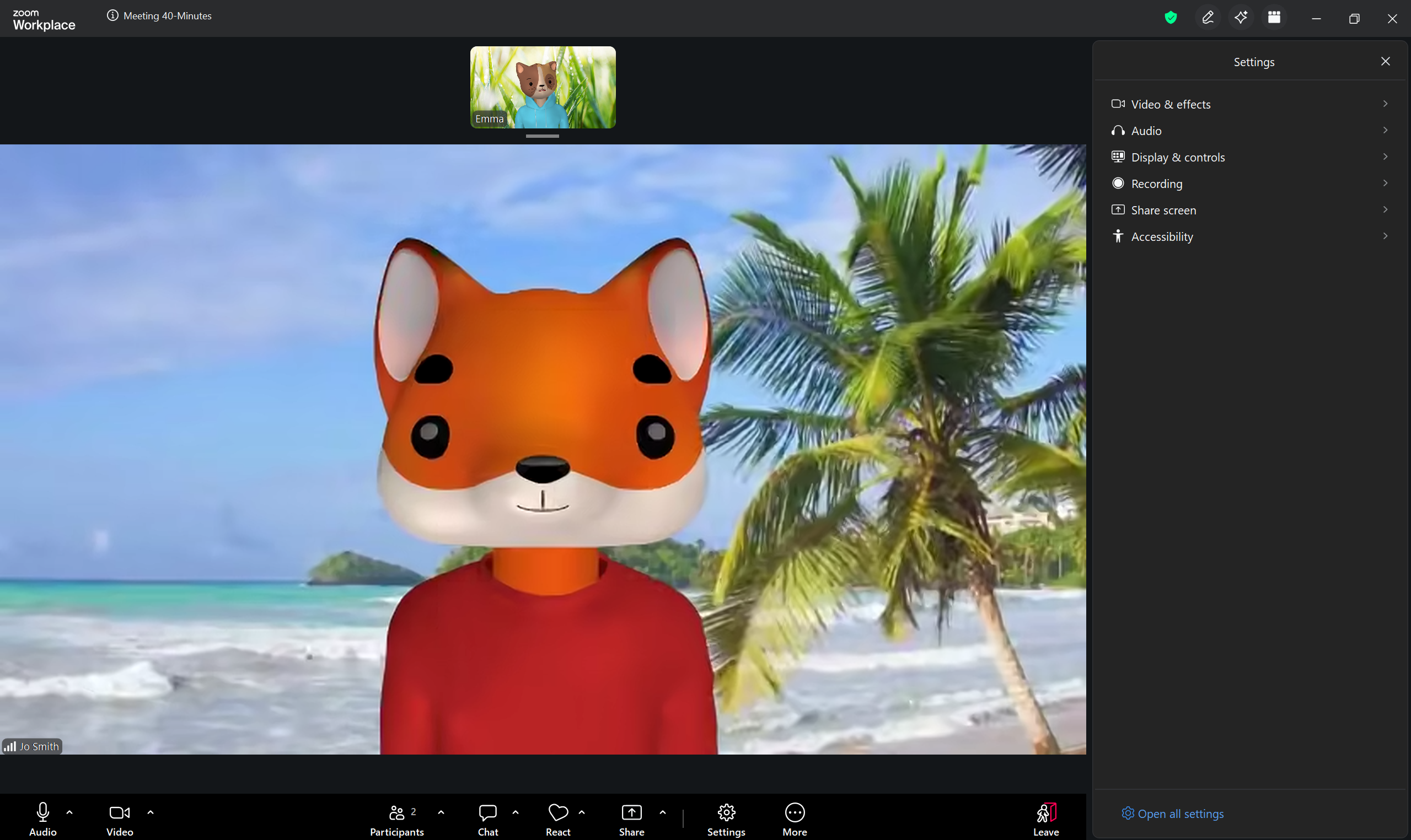 A screenshot of a Zoom meeting with an open Settings menu. 