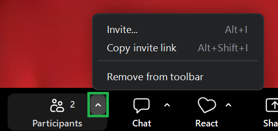 A screenshot of a Zoom meeting screen with the Participants menu open at the bottom of the screen. 