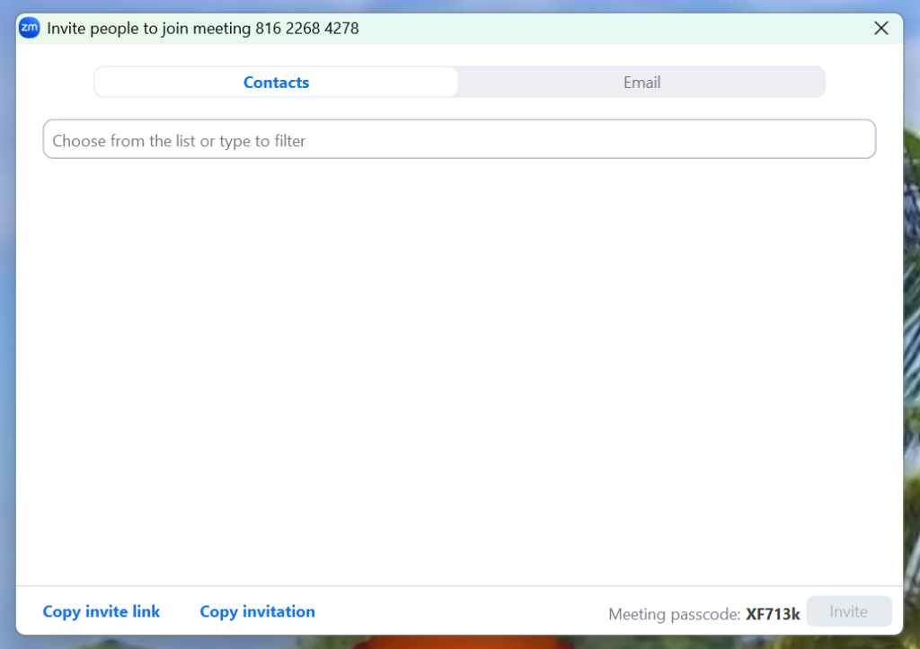 A screenshot of a Zoom meeting Invite menu.