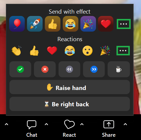 A screenshot of the Zoom React menu.