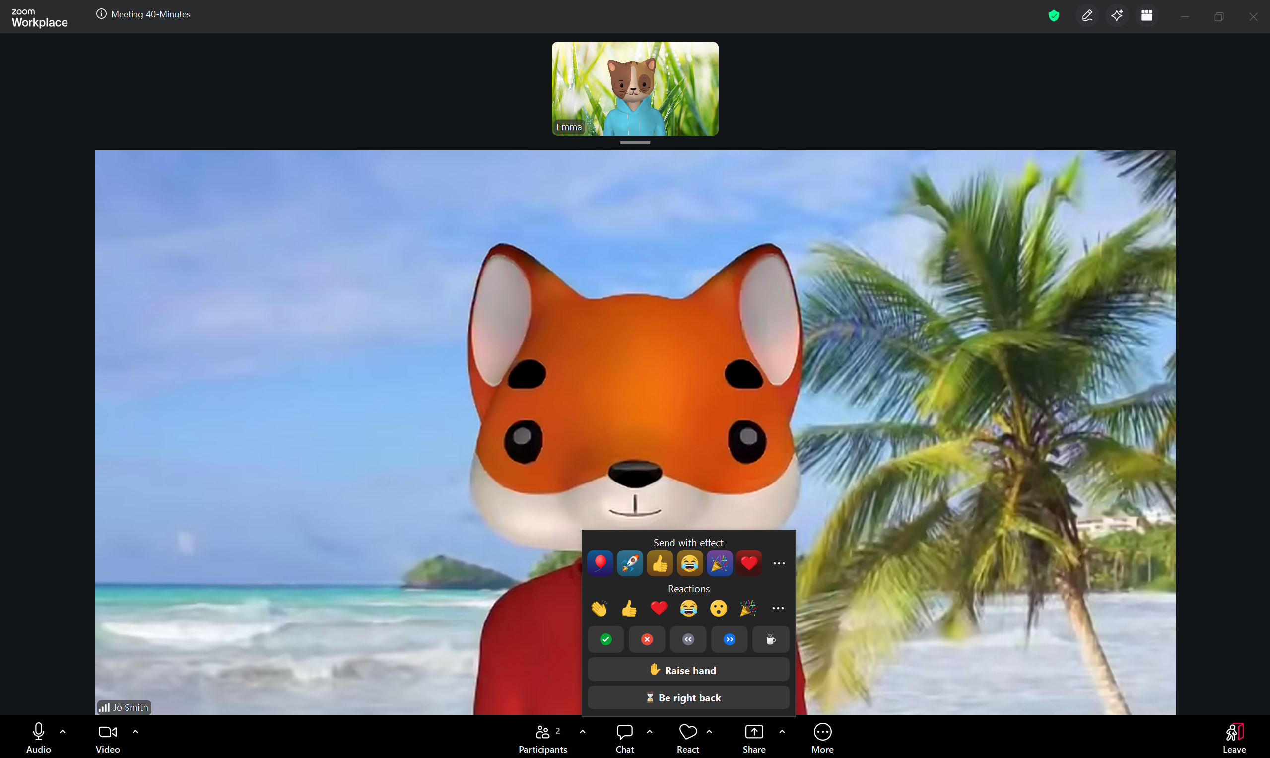 A screenshot of a Zoom meeting with the React menu open. 