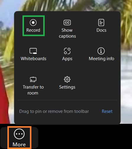 A screenshot of the Zoom meeting More menu. 
