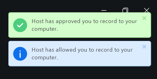 A screenshot of a Zoom meeting pop up confirming approval of your request to record the meeting.  