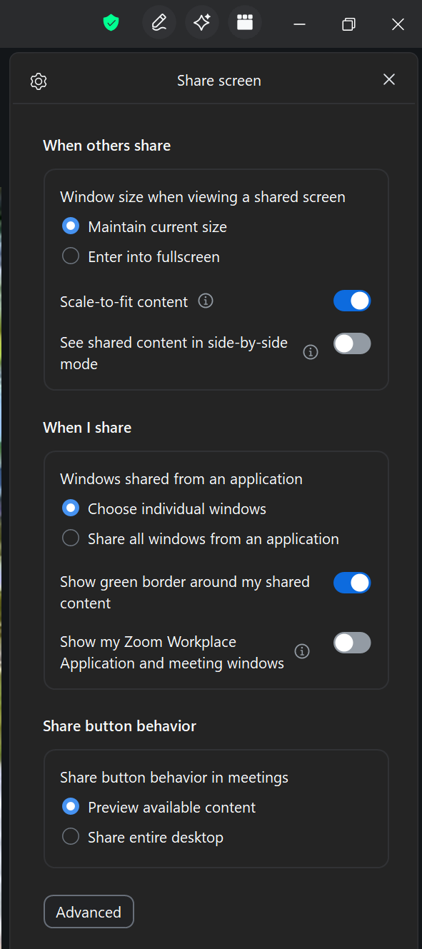 A screenshot from the Zoom meeting Share settings menu. 