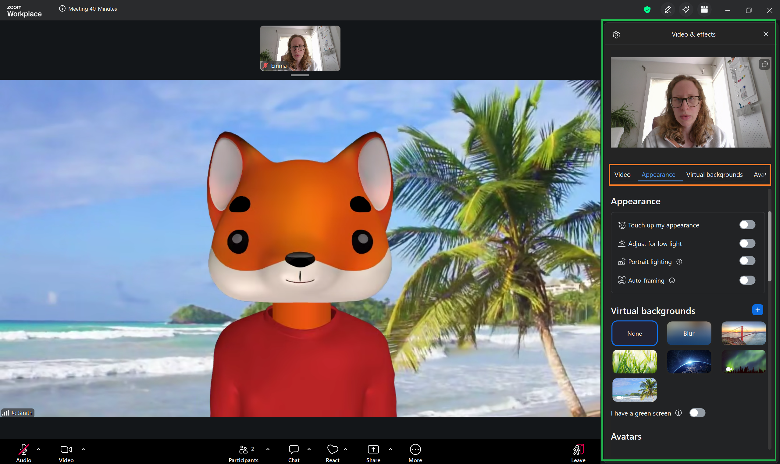 A screenshot of a Zoom meeting with the Video & effects menu open. 