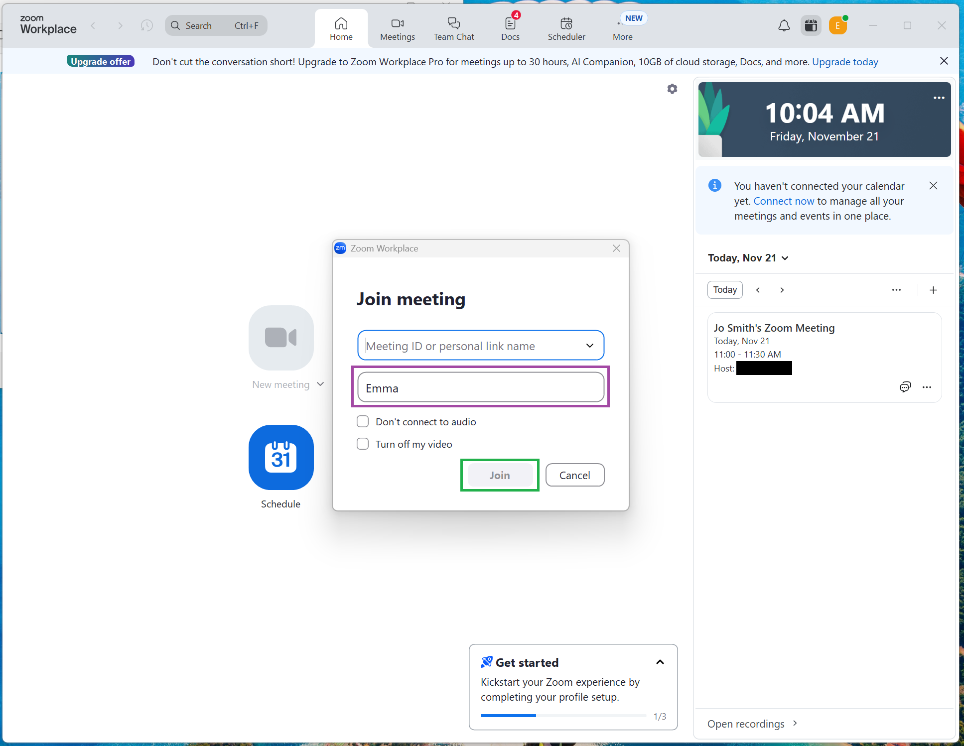 A screenshot of the Zoom app home page displaying a meeting card. 