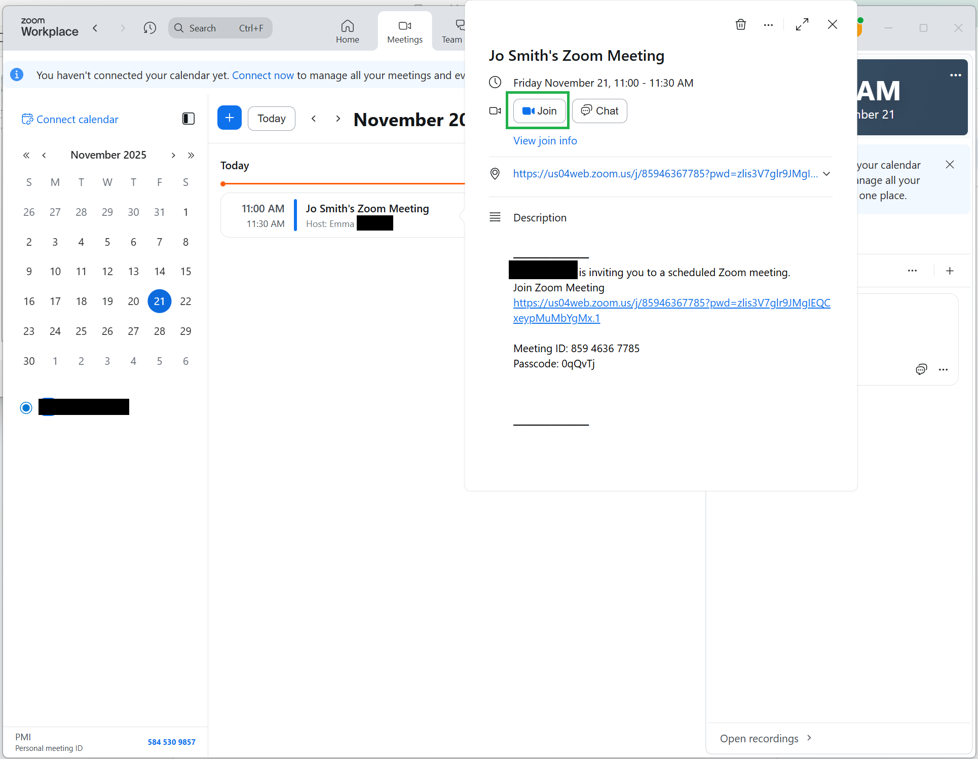 A screenshot of the Zoom app Meetings tab displaying a meeting card. 