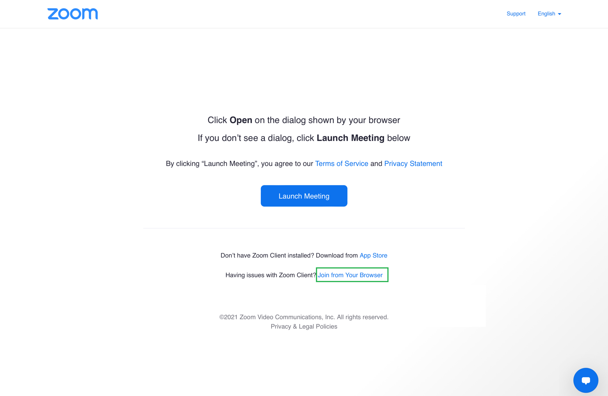 A screenshot of the Zoom website. It is prompting the user to Launch the  Zoom meeting, download the Zoom app, or join from their browser. 