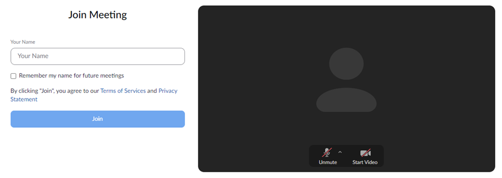 A screenshot of the Zoom Meetings app. It is prompting the user to enter their name and join the meeting. 