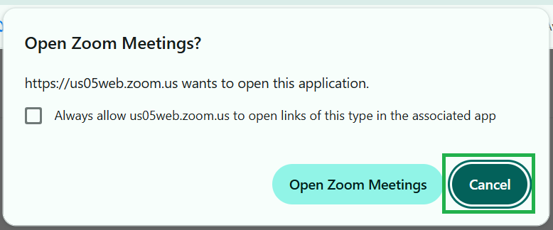 A screenshot of a pop-up prompting the user to open the Zoom Meetings app. 