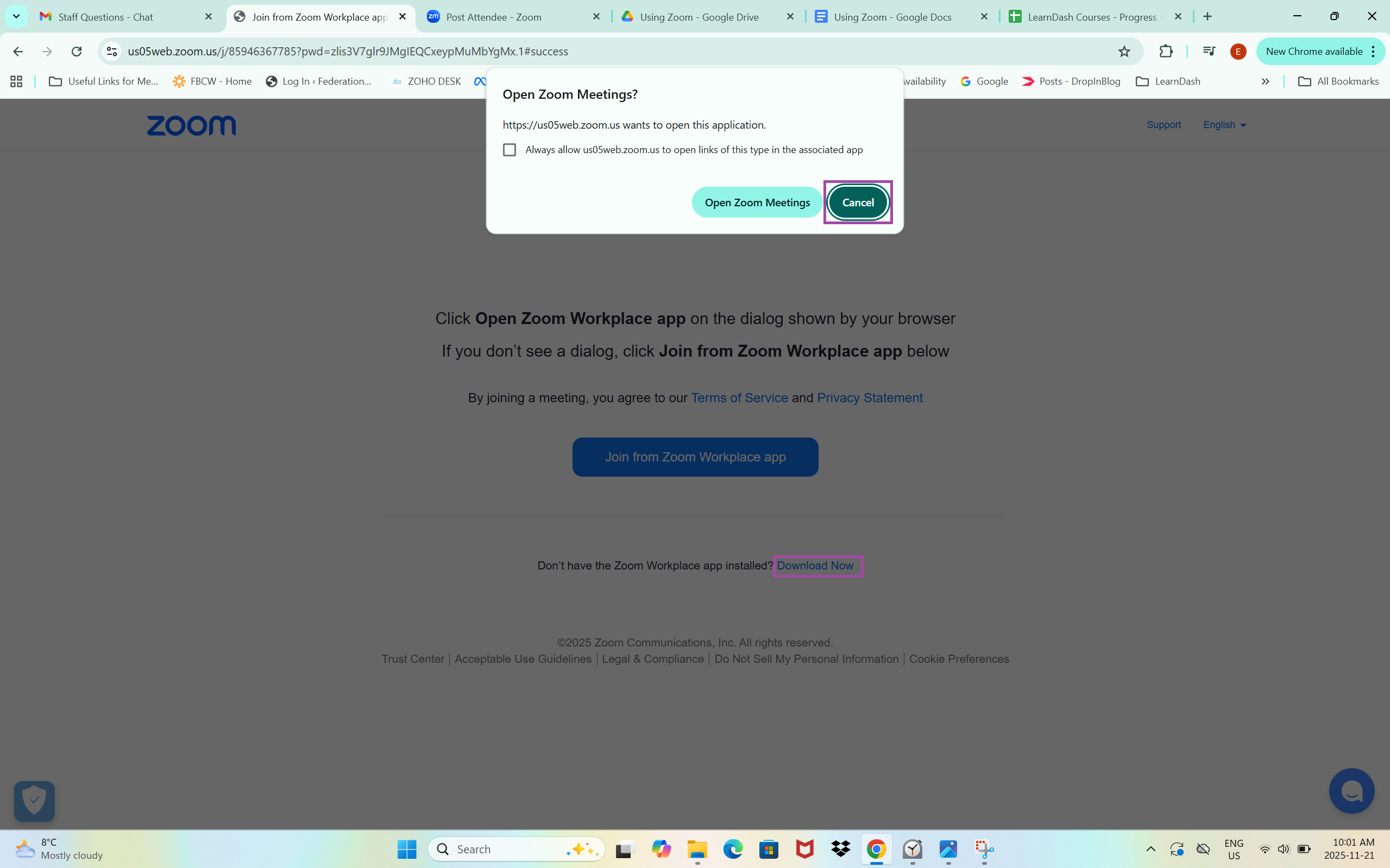 A screenshot of the Zoom website. A pop-up is prompting the user to open the Zoom Meetings app. 