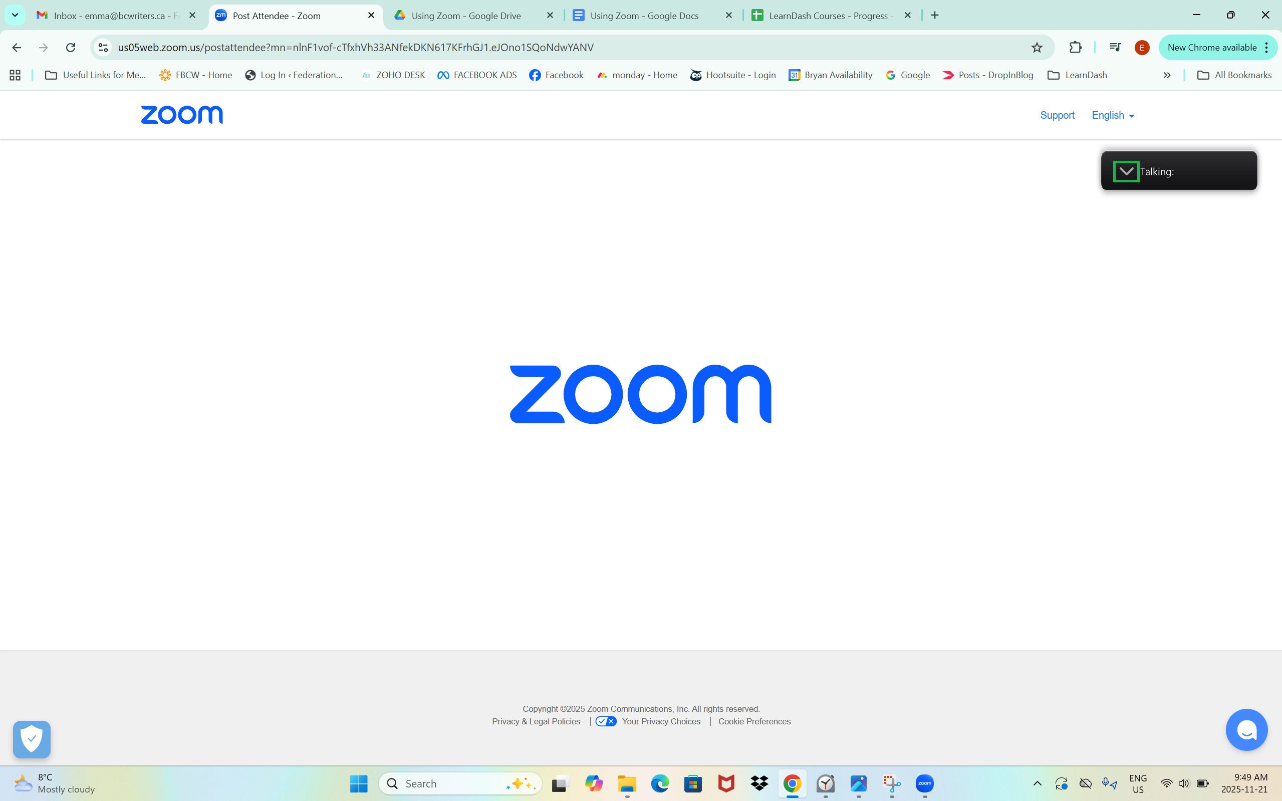 A screenshot of a Zoom meeting in Floating Thumbnail mode. 