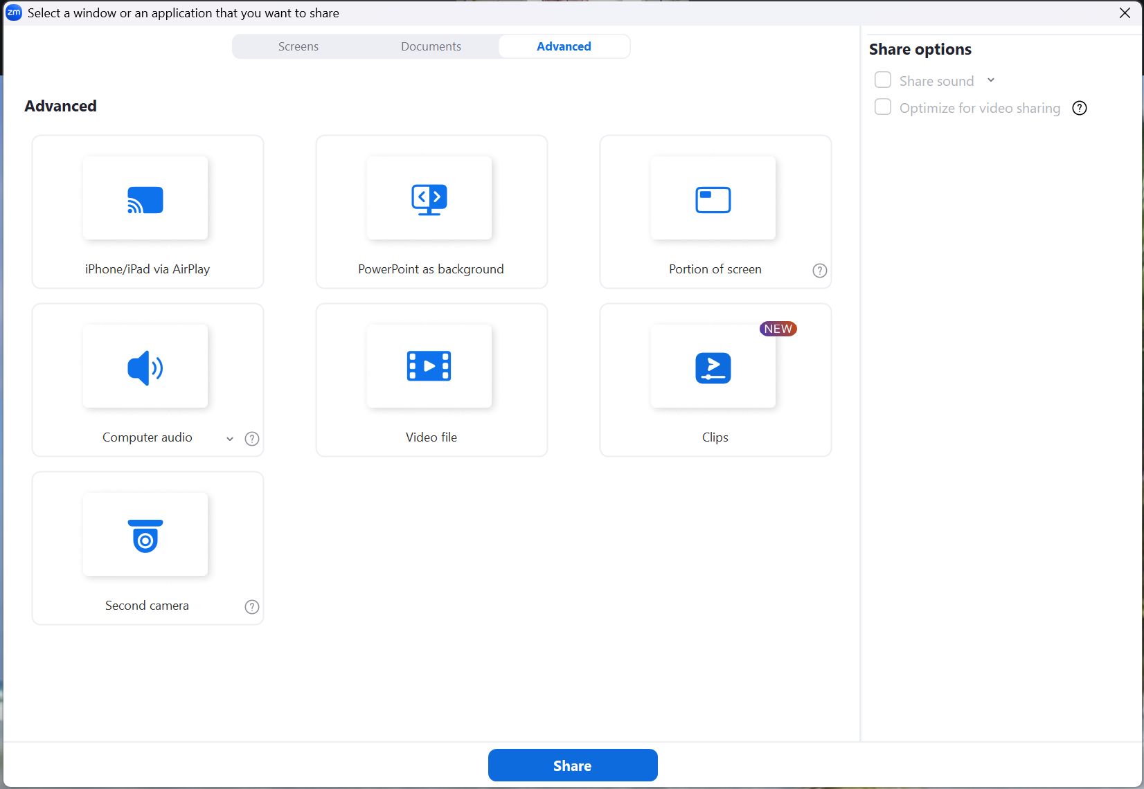 A screenshot of the Zoom meeting Share menu. 
