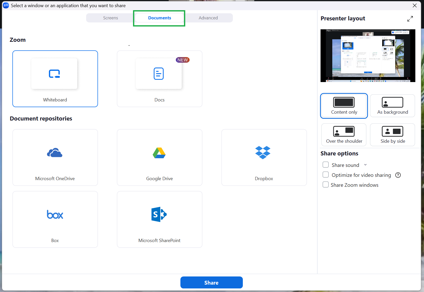 A screenshot of the Zoom meeting Share menu open on the Documents tab. 