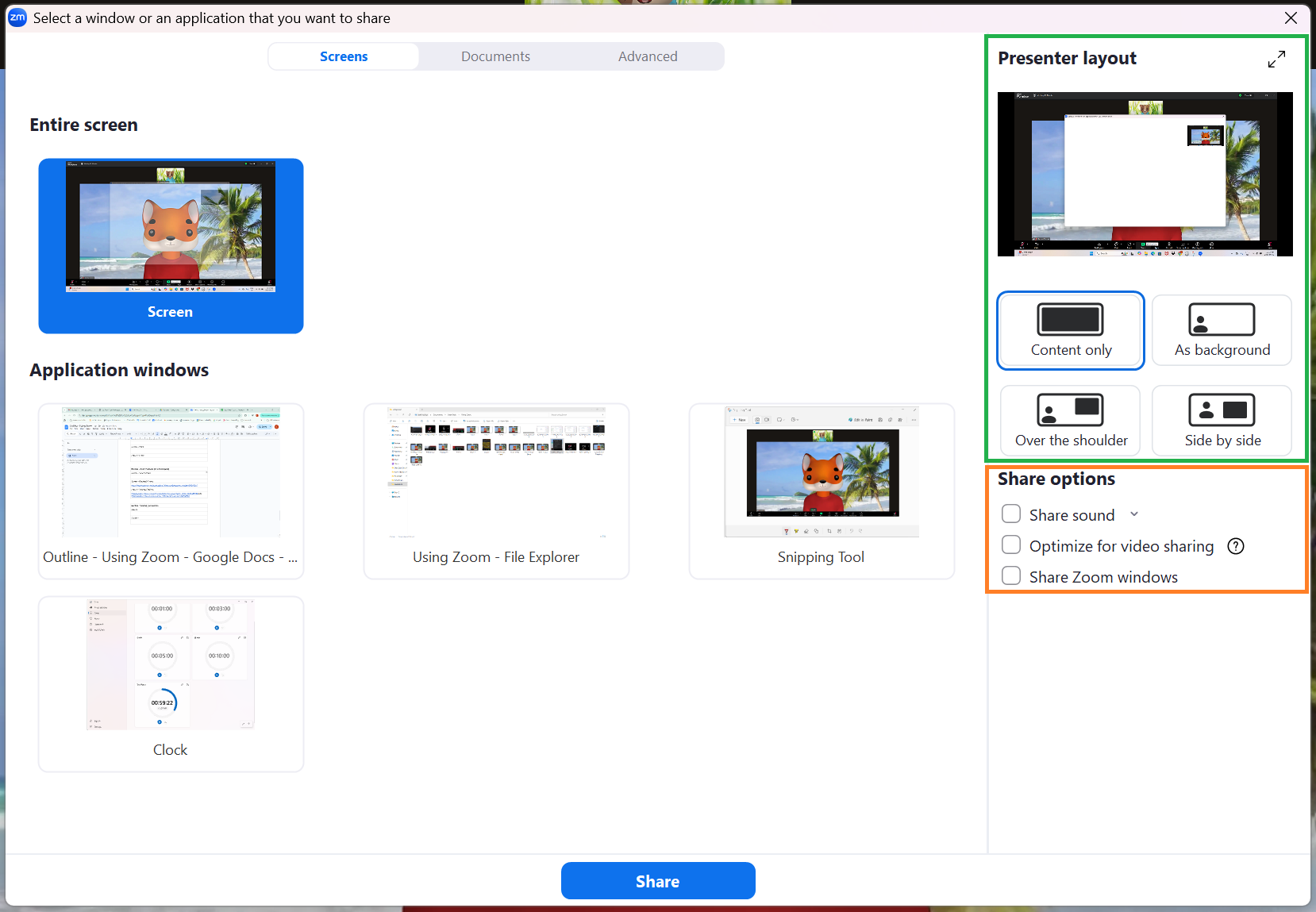 A screenshot of the Zoom meeting Share menu. 
