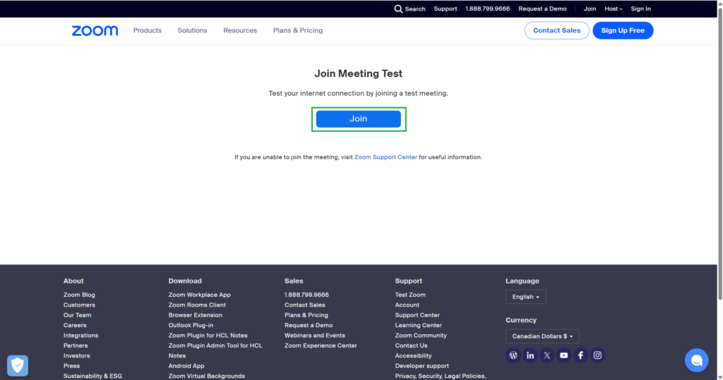 A screenshot of  https://zoom.us/test