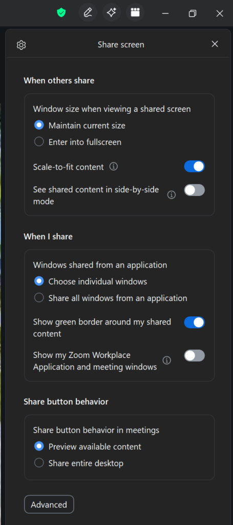 A screenshot of the Zoom meeting Share settings menu. 