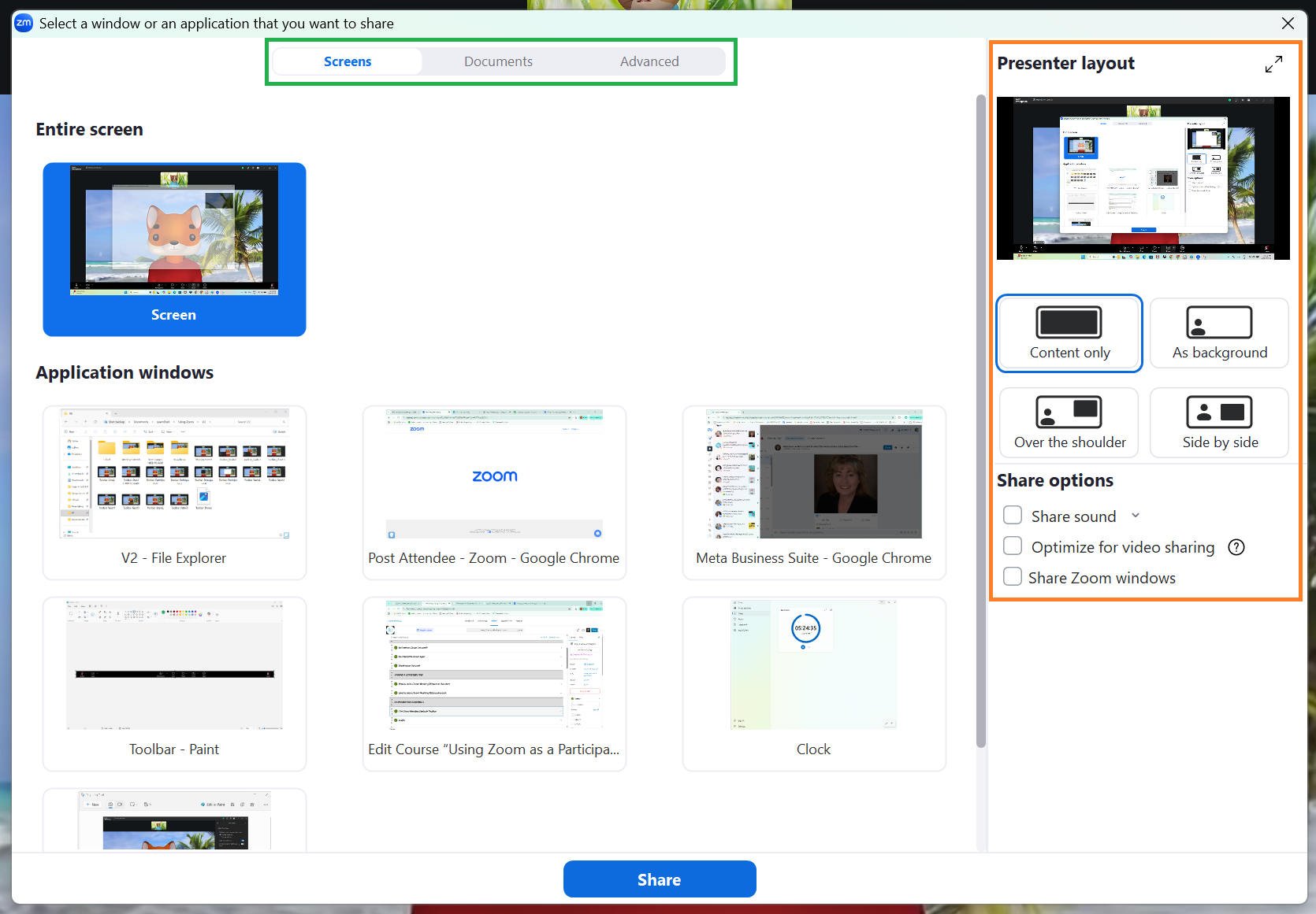 A screenshot of the Zoom meeting Share menu. 