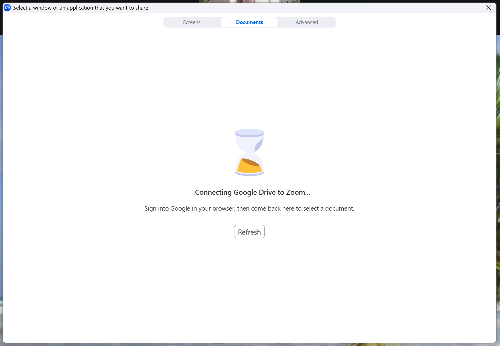 A screenshot of the Zoom meeting Share menu open on the Documents tab. 